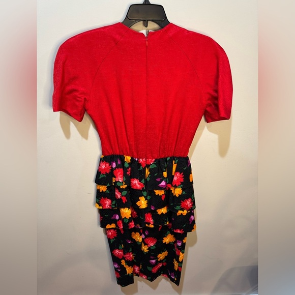 Saks 5th Avenue Diane Dickinson Silk Cotton Red Floral Peplum Dress Sz 6 Vintage - Picture 6 of 12